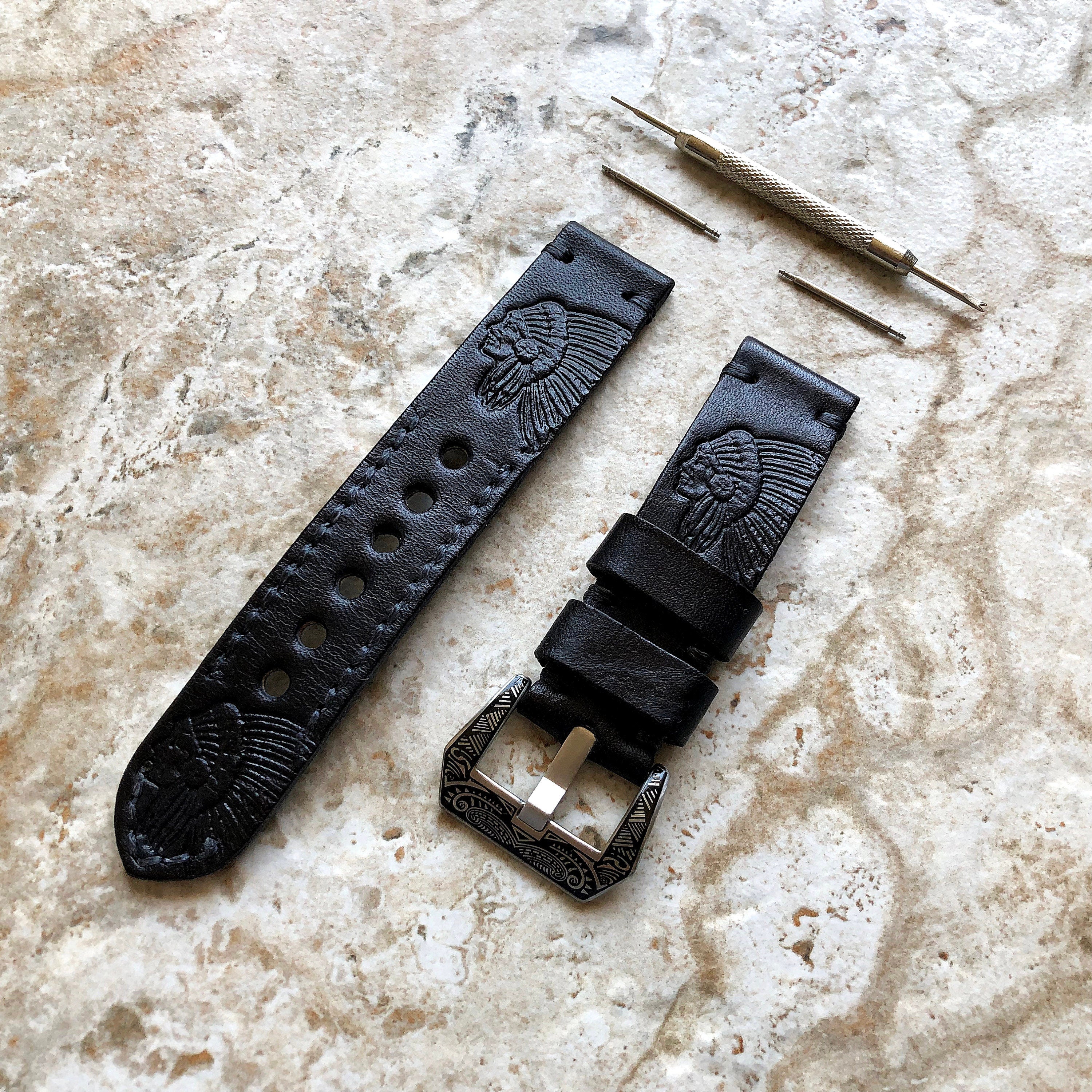 Garmin Chief Boss Black Leather Band for Forerunner 745 265 255 Venu 3 2 Darth Vader First Avenger Vivoactive 4 Embossed Strap Pins Tool B22